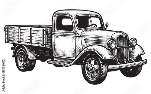 Vintage Pickup Truck Delivery Vehicle Hand Drawn Engraving Illustration