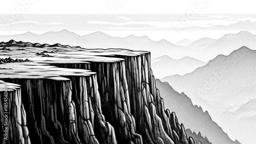 Dramatic cliffside landscape with rugged mountains in background monochrome illustration