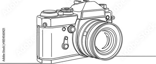 Minimalist single line drawing of a vintage slr camera on a white background