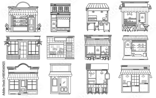 hand drawn store front facade vintage set front line illustrations set element.