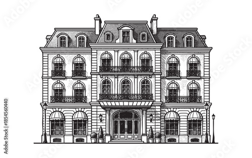 Vintage Luxury Hotel Building Facade Engraving Style Illustration