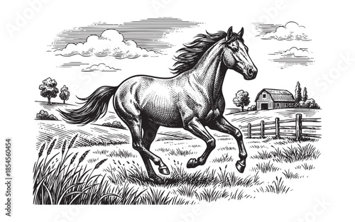 Running Horse in Farm Field Hand Drawn Engraving Style Illustration