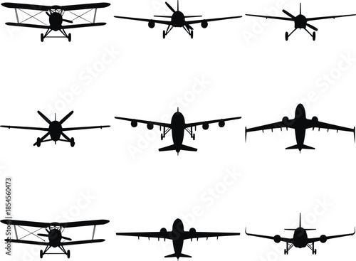 Eight Black and White Airplane Silhouettes in Rows