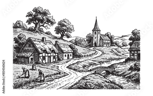 Photos Old Rural Village Landscape with Church and Cottages Engraving Illustration