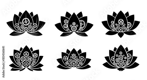 Intricate mechanical lotus flowers symbolizing the fusion of nature and industry, perfect for modern design projects