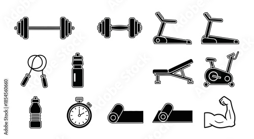 Dynamic collection of modern fitness equipment icons for a healthy lifestyle, gym, and workout motivation