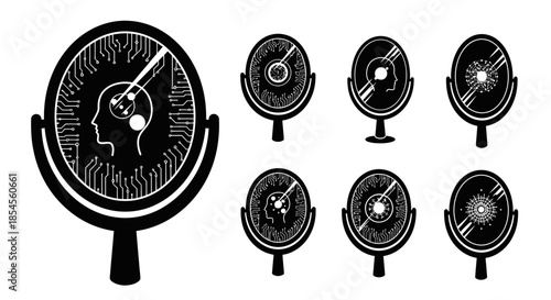 Explore the future of human intellect and technology with these dynamic AI and mind concept icons for digital innovation and science projects