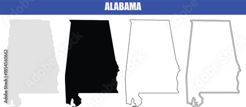 Detailed alabama state map illustration featuring solid, outline, and dot filled versions