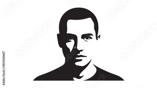 Black Silhouette of Young Man Looking Forward Isolated on White