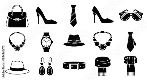 Stylish collection of fashion accessories including handbags, shoes, ties, jewelry, hats, watches, sunglasses, belts, and scarves for modern wardrobe design