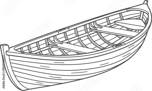 Hand drawn sketch of a traditional wooden rowboat on a white background
