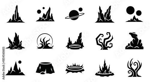 Fantasy landscape elements icons, magical portals, rocky outcrops, and alien planets for game design and concept art