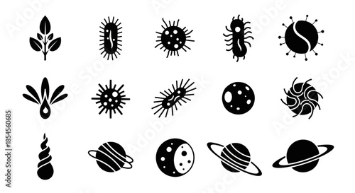 Diverse collection of stylized icons representing cells, microorganisms, planets, and abstract organic forms for science and nature themes