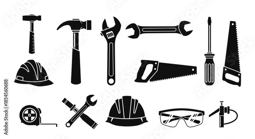Essential construction tools and safety gear collection for building projects, renovation, and DIY tasks
