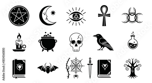 Mystical occult symbols and icons for witchcraft magic spells rituals and dark fantasy themes creating enchanting designs