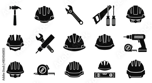 Essential construction tools and safety helmets for building projects, industrial work, and DIY endeavors