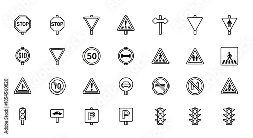 Essential road safety and traffic control icons set for clear navigation and urban planning applications