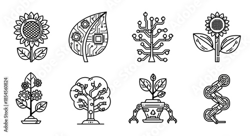 Future of green innovation illustrated with futuristic plant tech and circuitry designs for sustainable development concepts