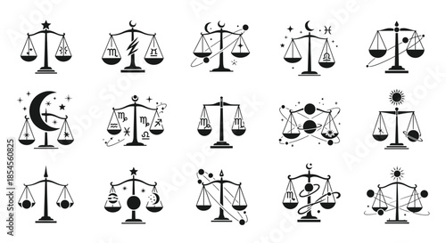 Discover your destiny with these enchanting zodiac scales, mystical celestial bodies, and cosmic balance symbols, perfect for astrology and divination graphics.
