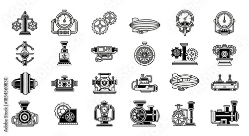 Intricate steampunk inspired machinery icons featuring gears, engines, gauges, and airships perfect for industrial design projects