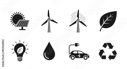 Sustainable energy icons including solar, wind, leaf, lightbulb, water, electric car, and recycling for a greener future