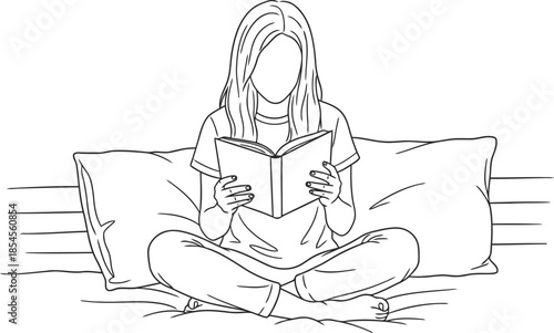 Woman sitting cross legged reading book between pillows sketch