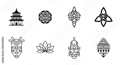Collection of striking cultural symbols and icons featuring a pagoda, sun symbol, Celtic knot, tribal mask, lotus flower, and geometric patterns for diverse design projects
