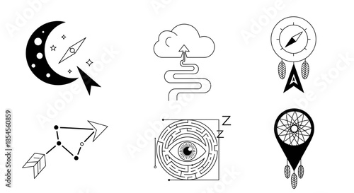 Explore mystical symbols of guidance, dreams, and journeys, perfect for creative projects seeking unique abstract elements