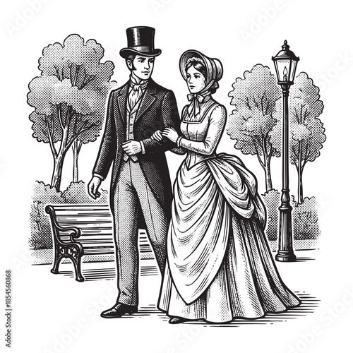 Vintage Victorian Couple Walking in Park Engraving Illustration