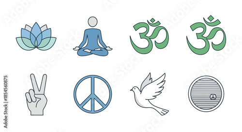 Discover inner peace and harmony with these serene symbols representing mindfulness, spirituality, and positive global connection.