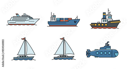 Diverse fleet of modern watercraft including cruise ship cargo freighter tugboat sailboats and submarine ready for your maritime projects