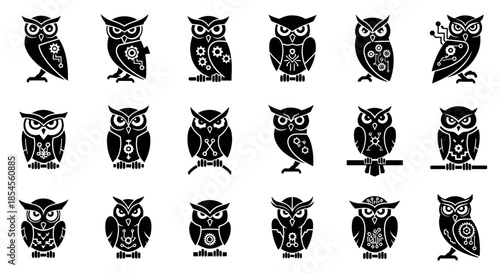Modern stylized owls featuring intricate circuitry and gear designs, perfect for technology, innovation, and smart concepts