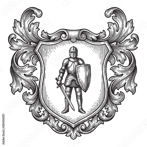 Medieval Knight Warrior Standing in Heraldic Shield Engraving Illustration