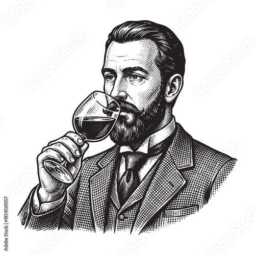 Gentleman Drinking Red Wine from Glass Engraving Style Illustration