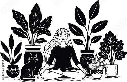 Woman meditating peacefully surrounded by lush houseplants and a cat