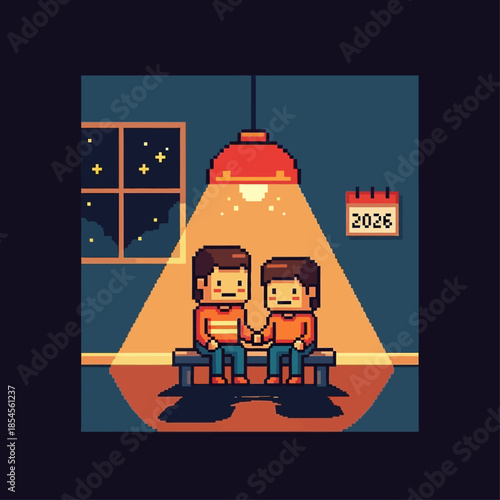 Pixel art illustration of two men holding hands on a bench under a lamp, with a calendar showing 2026 in the background