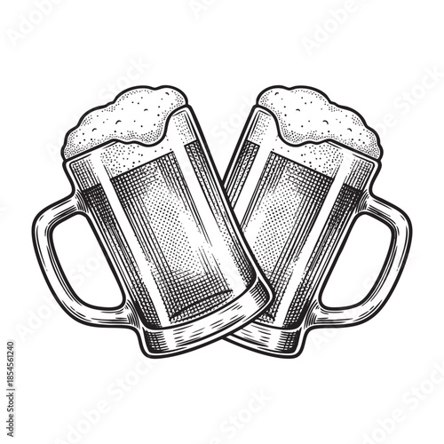Two Toasting Beer Mugs Hand Drawn Engraving Style Illustration