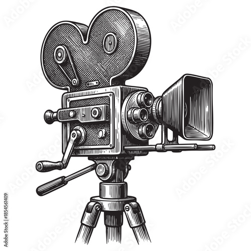 Vintage Movie Cinema Camera on Tripod Engraving Illustration