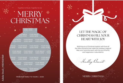 Customizable red Christmas greeting card template with bauble photo frame and festive messages.