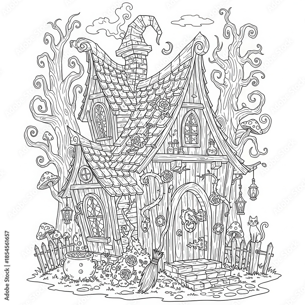 Naklejka premium Whimsical fantasy cottage drawing depicts a magic dwelling with overgrown flora and spooky elements