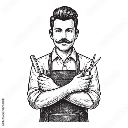 Barber Man with Mustache Holding Scissors and Razor Illustration