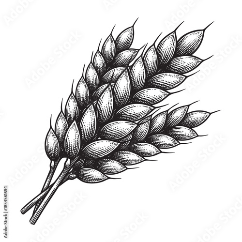 Wheat Ears Grain Stalks Hand Drawn Engraving Style Illustration