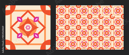 Retro orange geometric ornamental tile pattern with abstract shapes for groovy 70s style background