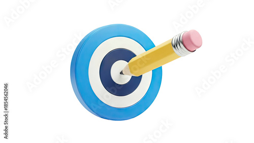 3D Yellow pencil hitting target center on transparent background