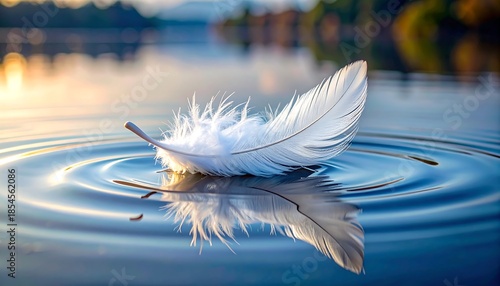 A pristine white feather floating on water, creating gentle ripples