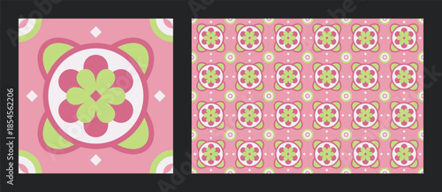 Seamless retro pink floral geometric tile pattern for vintage textile or wallpaper background