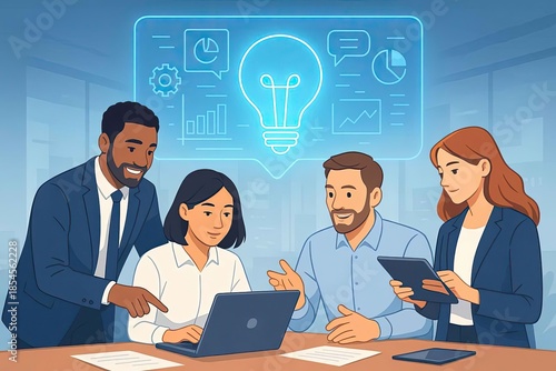 Team Collaboration in Modern Office with Technology and Idea Concept Vector Illustration