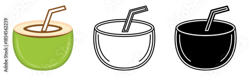 Refreshing tropical coconut water drink with fresh coconut fruit and straw vector illustration