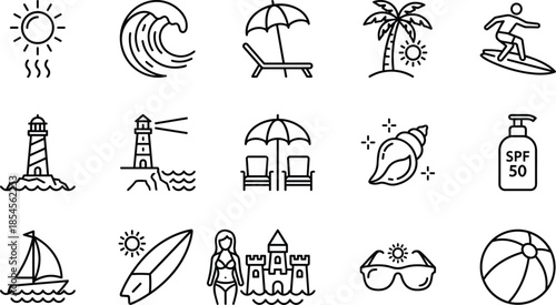 Summer beach vacation icons set, tropical travel vector,ocean waves, sunscreen.