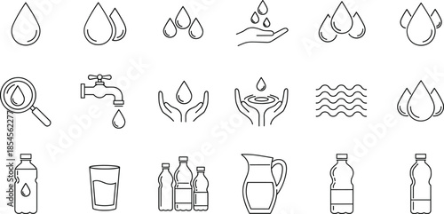 Water and hydration icon set featuring droplets, mineral water bottles, glass, faucet, pitcher, and hands holding water in line art.